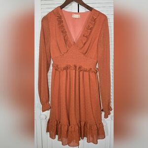 Altar'd State Long Sleeve Rust Ruffled V Neck Smocked Swiss Dot Mini Dress Sz L